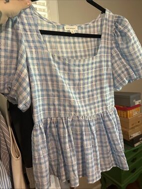 Blu Pepper Light Blue & White Gingham Peplum Blouse